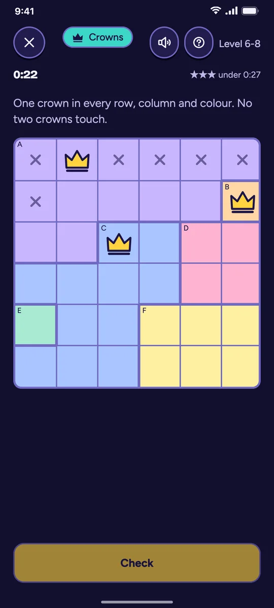 Crowns in Knack: a coloured grid with crowns placed so that no two touch
