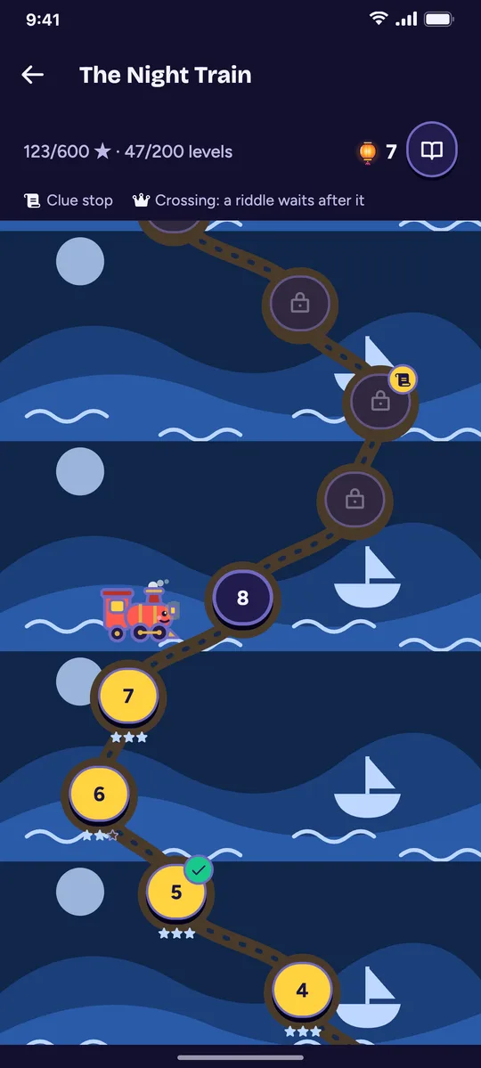 The Knack journey map: a railway of levels with stations, a train and Pip