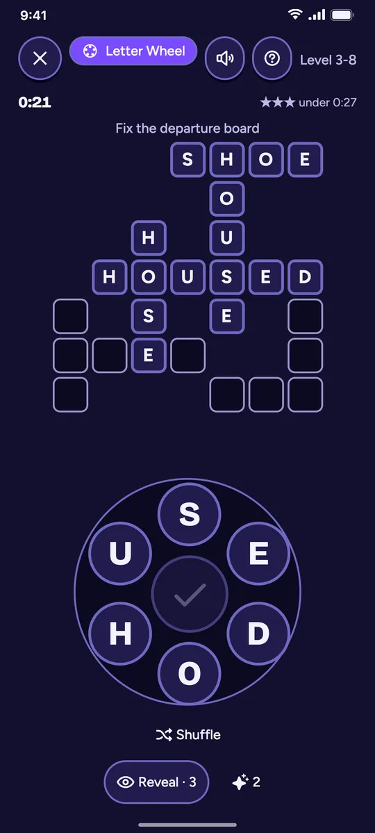 Letter Wheel in Knack: a wheel of letters, a crossword grid with words filled in and bonus words found