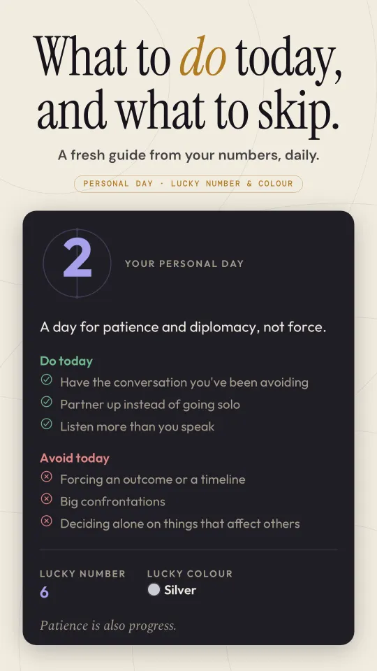 Personal day guide with things to do and skip, lucky number and colour