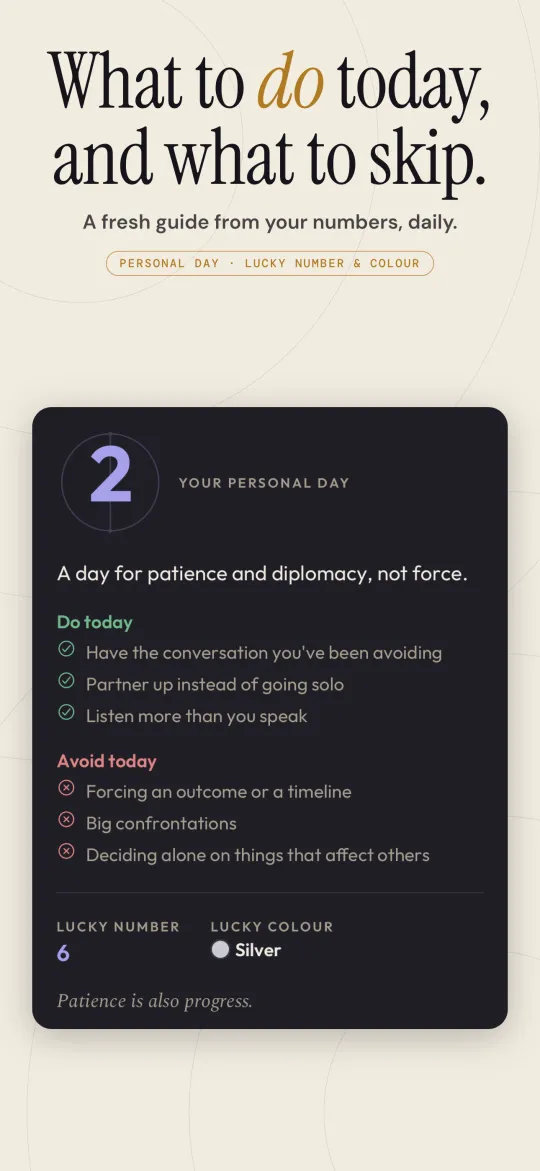 Personal day guide with things to do and skip, lucky number and colour