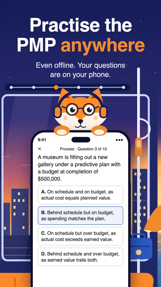 A situational PMP practice question on a phone, available offline