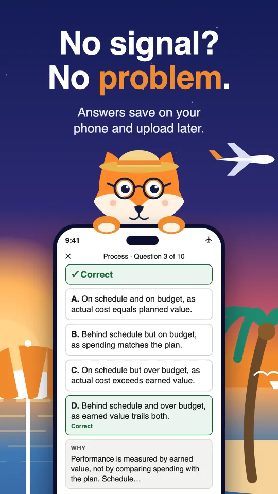A correct answer with its explanation shown while offline