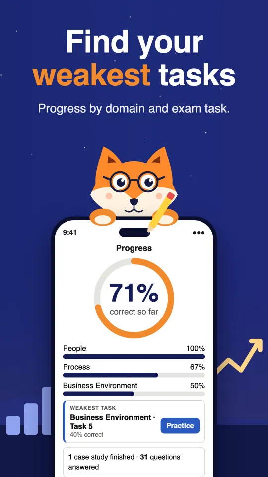 Progress by domain with the weakest exam task and a Practice button
