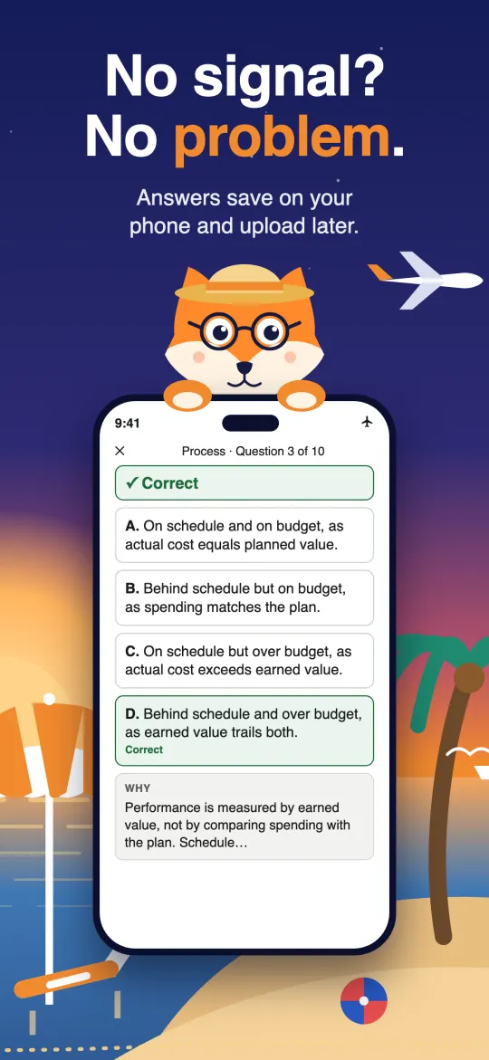 A correct answer with its explanation shown while offline